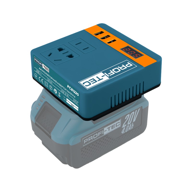 Аккумуляторный инвертор напряжения PROFI-TEC PCB1220 UltraCore (преобразователь 20 В = 220 В, ном. 100 Вт/макс. 120 Вт, 3×USB, розетка) без АКБ и ЗУ, коробка