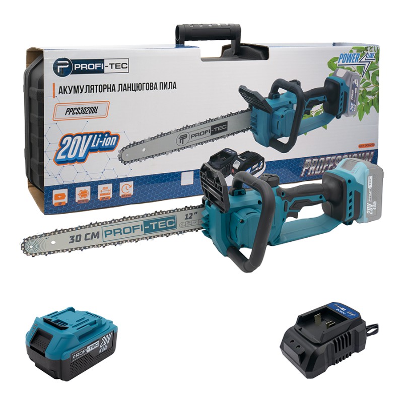 Аккумуляторная цепная пила PROFI-TEC PPCS3020BL POWERLine (20 В, безщітковий двигун, шина 30 см, 10 м/с) 1×PT2040EP (4.0 Аг), ЗП BC20V, кейс