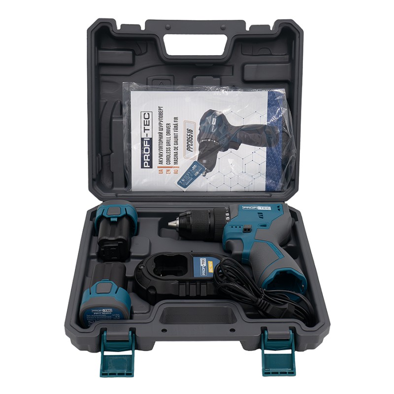 Аккумуляторный шуруповерт PROFI-TEC PPCD5516 Professional (16 В, безщітковий двигун, 55 Нм, патрон 13 мм) 2×PPT1620 (2.0 Аг), ЗП BC16V, кейс Аккумуляторный шуруповерт PROFI-TEC PPCD5516 Professional (16 В, безщітковий двигун, 55 Нм, патрон 13 мм) 2×PPT1620 (2.0 Аг), ЗП BC16V, кейс