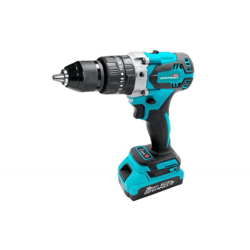 Дриль акумуляторний Grand ТАК-20/13 UBL, Безщітковий двигун, 20В, 0-1400 об/хв, 4Ач, Кількість батарей: 2шт, 75Нм, кейс