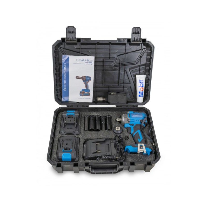 Акумуляторний ударний гайковерт Kraissmann KRAISSMANN 1103 ASS-BL 20/2 MP (крутний момент 650 Нм, дві АКБ по 4000 мАг, зарядний пристрій, набір головок, перехідники для свердлильного патрону та біт, кейс)