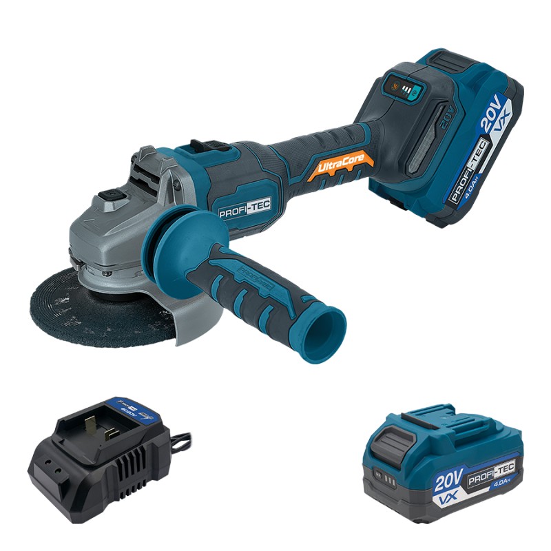 Акумуляторна кутошліфувальна машина (болгарка) PROFI-TEC PPGA203 UltraCore (1×PT2040VX (4.0 Аг), зарядний пристрій)