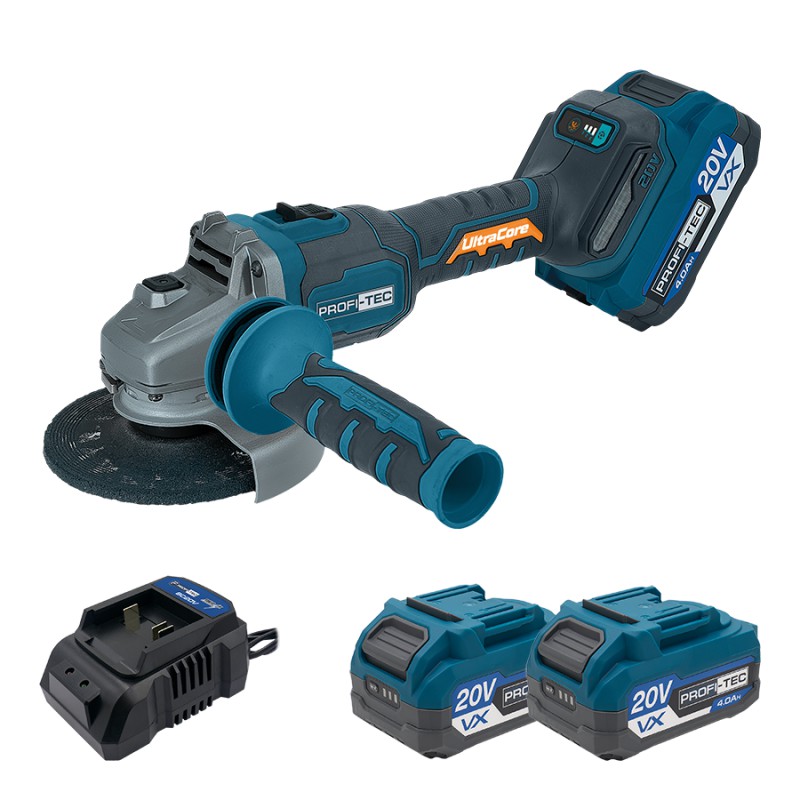 Акумуляторна кутошліфувальна машина (болгарка) PROFI-TEC PPGA203 UltraCore (2×PT2040VX (4.0 Аг), зарядний пристрій)