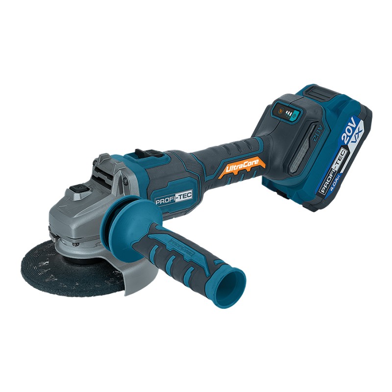 Акумуляторна кутошліфувальна машина (болгарка) PROFI-TEC PPGA203 UltraCore (2×PT2040VX (4.0 Аг), зарядний пристрій)