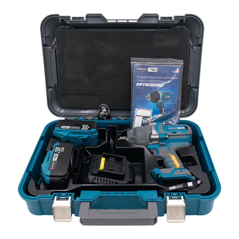 Аккумуляторный гайковерт PROFI-TEC PPTW20020 UltraCore (20 В, бесщеточный двигатель, 2000 Нм, хвостовик 3/4″) 2×PT2080EP (8,0 Ач), быстрозарядное устройство QBCD20/4 quick (4,0 А), кейс