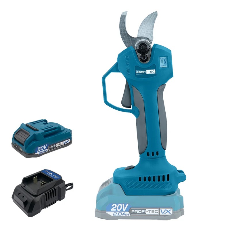 Аккумуляторный секатор PROFI-TEC PES28 UltraCore (20 В, бесщеточный двигатель, рез 15 / 25 мм, 150 рез/мин) 1×PT2020VX (2.0 Ач), зарядное устройство