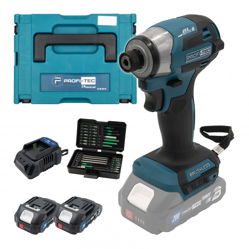 Акумуляторний імпульсний гвинтоверт PROFI-TEC PID1820BL POWERLine (180 Нм. набір біт, 2×PT2020MP (2.0 Аг), зарядний пристрій)