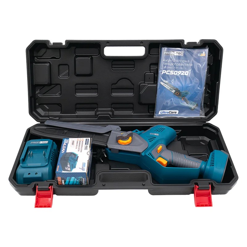 Акумуляторна ланцюгова пила PROFI-TEC PCS0920 UltraCore (20 В, безщітковий двигун, шина 25 см, 9.6 м/с) 1×PT2040EP (4.0 Аг), ЗП BC20V, кейс