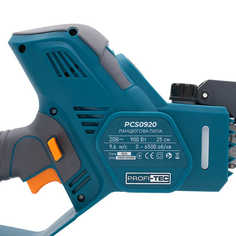 Акумуляторна ланцюгова пила PROFI-TEC PCS0920 UltraCore (20 В, безщітковий двигун, шина 25 см, 9.6 м/с) без акумулятора та зарядного пристрою