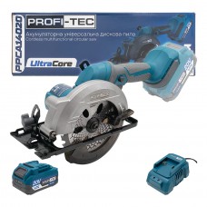 Акумуляторна універсальна дискова пила PROFI-TEC PPCA14020 UltraCore (20 В, безщітковий двигун, диск 140 мм, пропил 52 мм, 6600 об/хв)  1×PT2040VX (4.0 Аг), зарядний пристрій