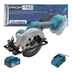 Акумуляторна універсальна дискова пила PROFI-TEC PPCA14020 UltraCore (20 В, безщітковий двигун, диск 140 мм, пропил 52 мм, 6600 об/хв)  1×PT2040VX (4.0 Аг), зарядний пристрій