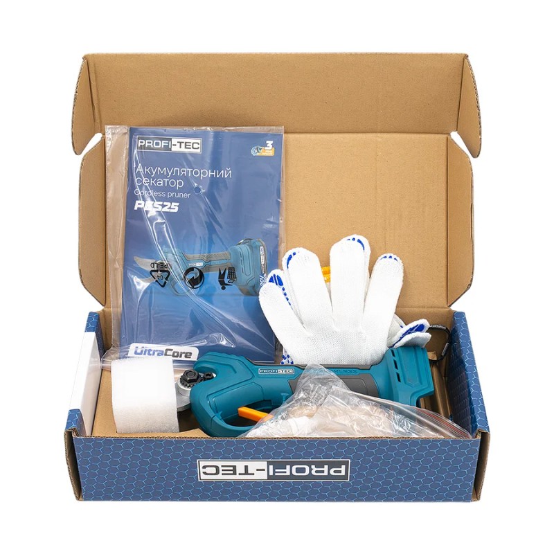 Акумуляторний секатор PROFI-TEC PES25 UltraCore (20 В, безщітковий двигун, різ 15 / 25 мм, 152 різ/хв) каркас, коробка, без акк та ЗП