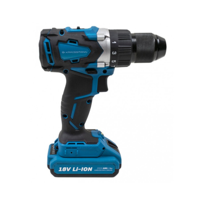 Шуруповерт аккумуляторный KRAISSMANN 2000 ABS 18/2 Li (две АКБ по 2000 мАч, зарядное устройство, кейс, металлический патрон 13 мм, бесщеточный мотор)