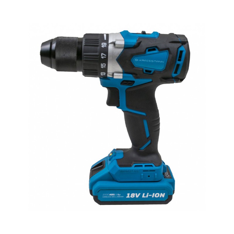 Шуруповерт аккумуляторный KRAISSMANN 2000 ABS 18/2 Li (две АКБ по 2000 мАч, зарядное устройство, кейс, металлический патрон 13 мм, бесщеточный мотор)