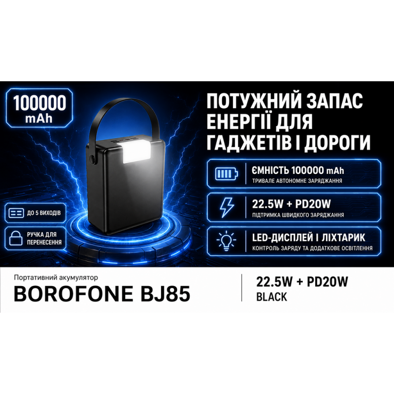 Power bank Borofone BJ85 100000 mAh 22,5W+PD20W Black, LED дисплей, фонарик