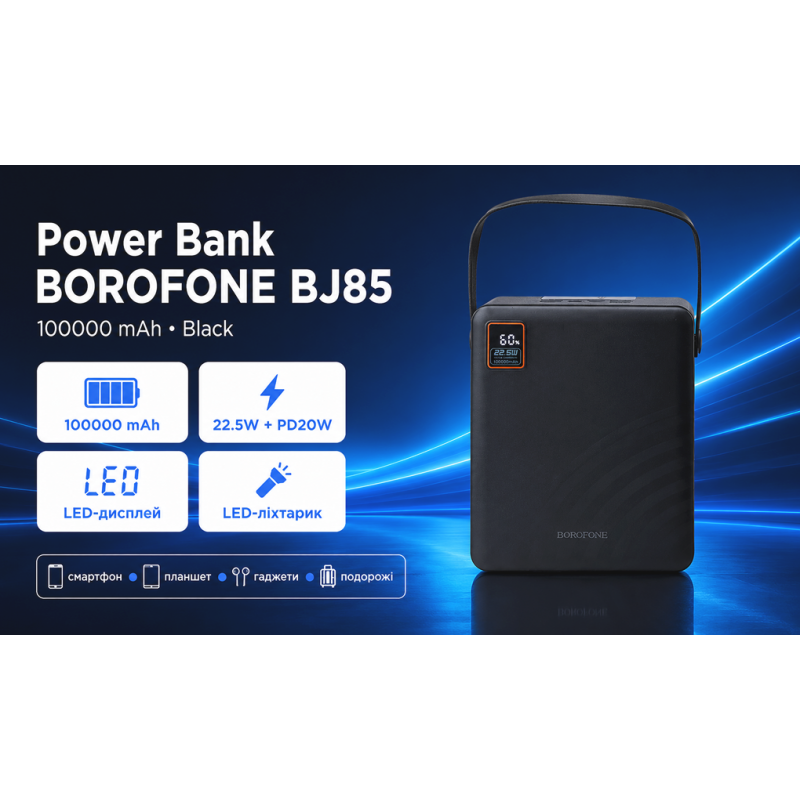 Power bank Borofone BJ85 100000 mAh 22,5W+PD20W Black, LED дисплей, фонарик