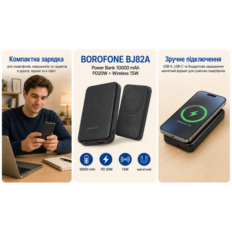 Power bank Borofone BJ82A 10000 mAh PD20W Black магнитный