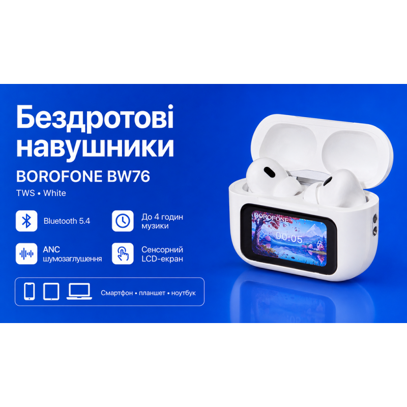 Наушники беспроводные TWS BOROFONE BW76 White, bluetooth 5.4, ANC, сенсорный экран