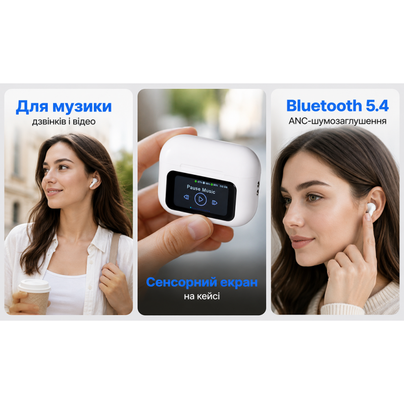 Наушники беспроводные TWS BOROFONE BW76 White, bluetooth 5.4, ANC, сенсорный экран