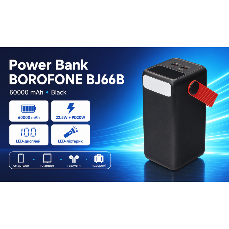 Power bank Borofone BJ66B 60000 mAh 22,5W+PD20W Black, LED дисплей, ліхтарик