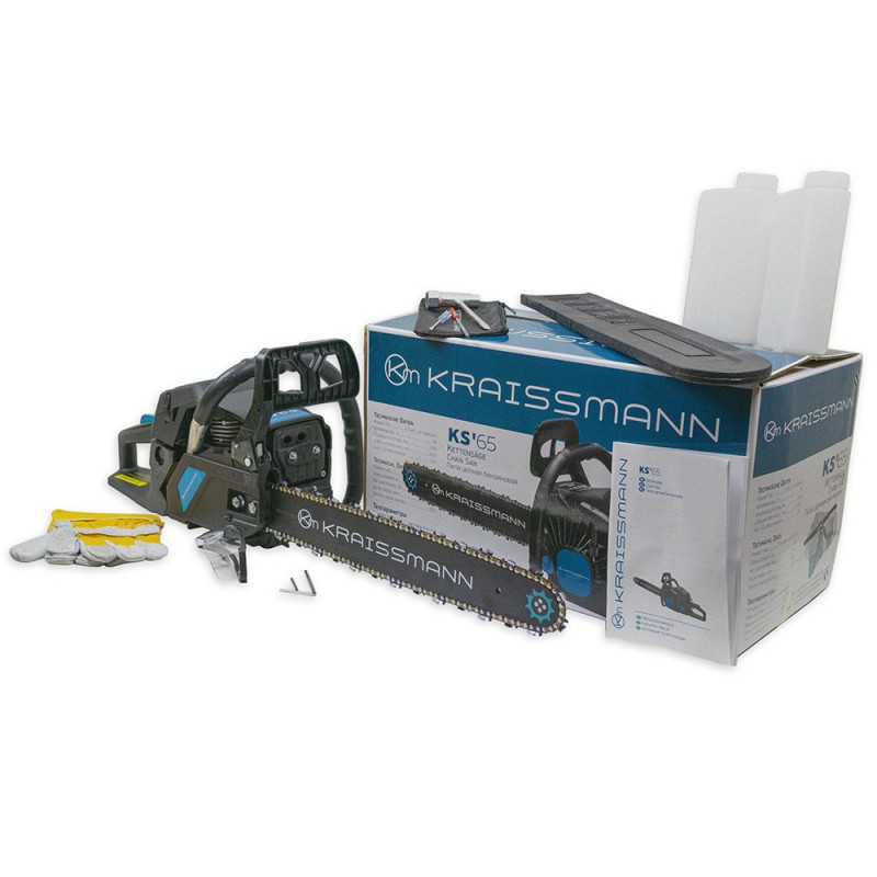 Бензопила Kraissmann KS'65 (1 шина, 1 ланцюг супер зуб, захисні рукавички та окуляри, поліпшена поршньова група)