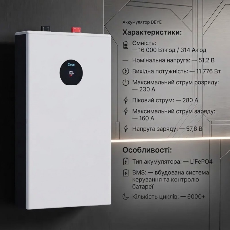 Акумуляторна батарея LiFePO4 Deye SE-F 16-C 16,08 кВт·год 48В