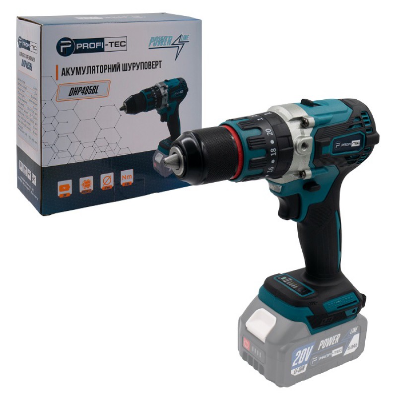 Акумуляторний ударний дриль-шуруповерт PROFI-TEC 20V DHP485BL (без акумуляторів та зарядного пристрою, коробка)