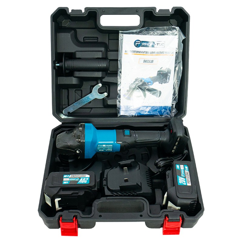 Аккумуляторная углошлифовальная машина (болгарка) PROFI-TEC DGA201BL POWERLine (2×PT2040EP (4.0 Ач), зарядное устройство)