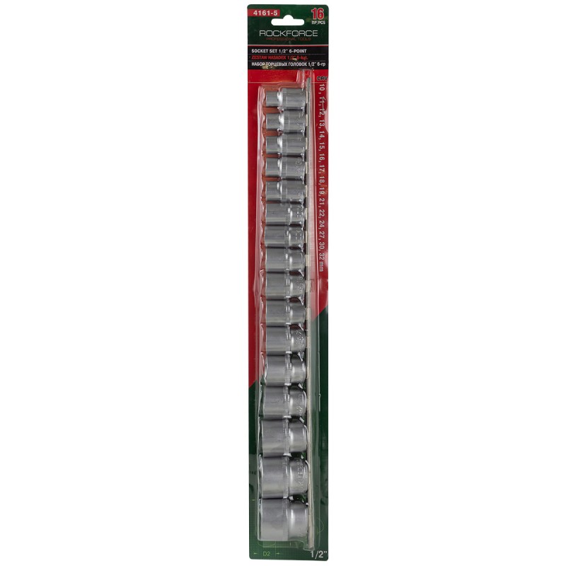 Набор головок 16 предметов 1/2" 6гр.(10-19,21,22,24,27,30,32мм), на планке ROCKFORCE RF-4161-5