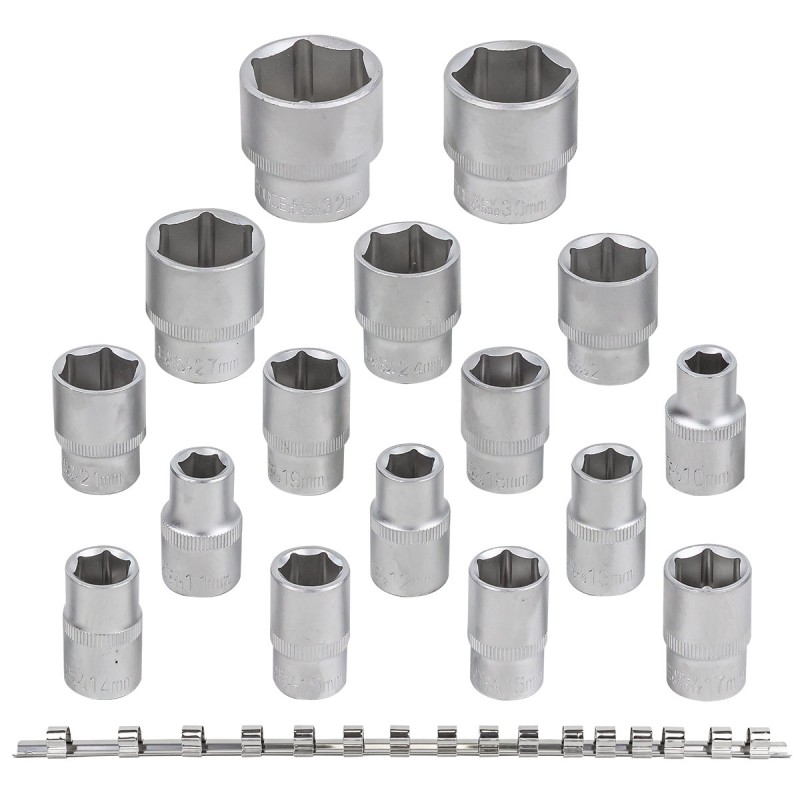 Набор головок 16 предметов 1/2" 6гр.(10-19,21,22,24,27,30,32мм), на планке ROCKFORCE RF-4161-5