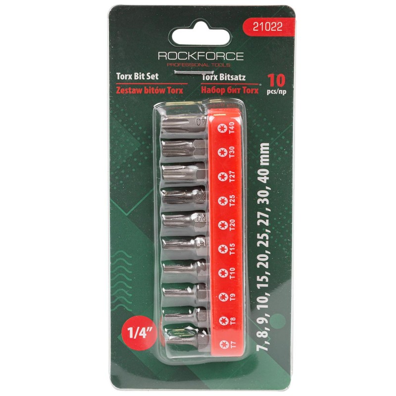 Набор бит TORX 10 предметов 1/4" (T 7,8,9,10,15,20,25,27,30,40-25мм) ROCKFORCE RF-21022