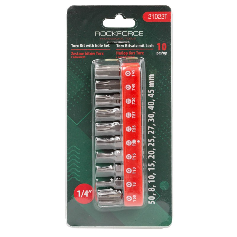 Набор бит TORX с отверстием 10 предметов 1/4" (TН 7,8,9,10,15,20,25,27,30,40-25мм),в блистере ROCKFORCE RF-21022T