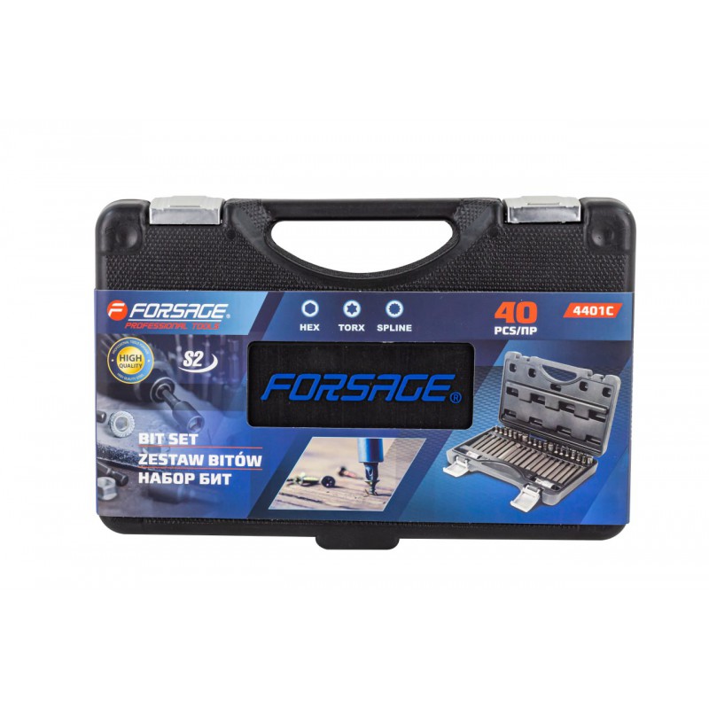 Набор бит с битодержателями 40 предметов, 10 мм, 75/30 мм: T20-T55, H4-H12, M5-M12, в пластиковом кейсе FORSAGE F-4401C