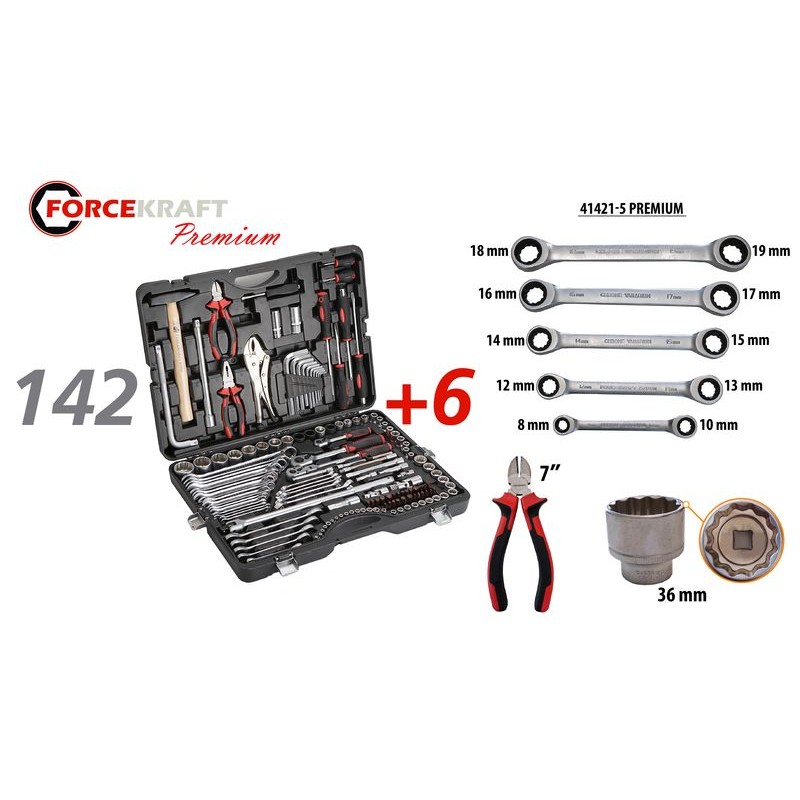 Набор инструментов 142+6 предметов 1/4''3/8''1/2''(6-гран.)(4-36мм, 27,30,32,36-12гр.)+(ключи трещоточные:8х10,12х13,14х15,16х17,18х19мм, бокорезы-7'') FORCEKRAFT FK-41421-5 PREMIUM