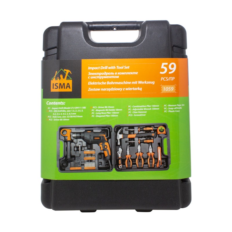 Набор инструментов с дрелью электрической,59пр.(220V,750W,0-2900об/мин),в кейсе ISMA IS-1059