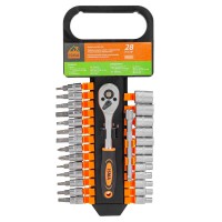 Набір головок і біт із тріскачкою 28пр. 1/4''(4-13мм, Torx:T10,15,20,25,30, Hex:3-6мм,SL:4,5.5,7мм, PH1,2),у пластиковому тримачі IS-2028-5