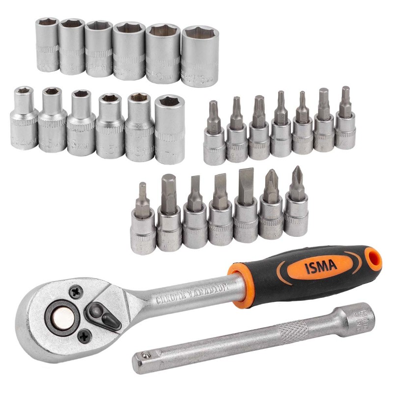 Набір головок і біт із тріскачкою 28пр. 1/4''(4-13мм, Torx:T10,15,20,25,30, Hex:3-6мм,SL:4,5.5,7мм, PH1,2),у пластиковому тримачі IS-2028-5