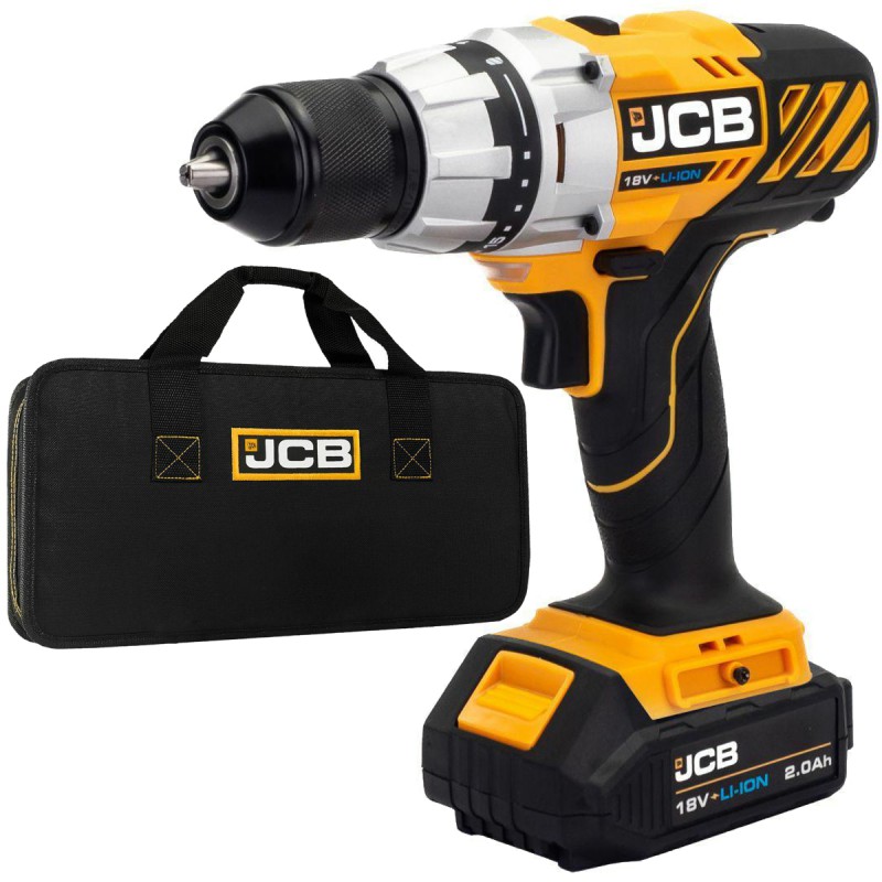 Дрель-шуруповерт аккумуляторная (JCB-18DD-B-E) 18V, max 45Nm в комплекте с зарядным устройством (JCB-18VFC-E) 2.4A и батареей аккум(JCB-20LI-E) 2.0AH JCB-18DD-2X-E