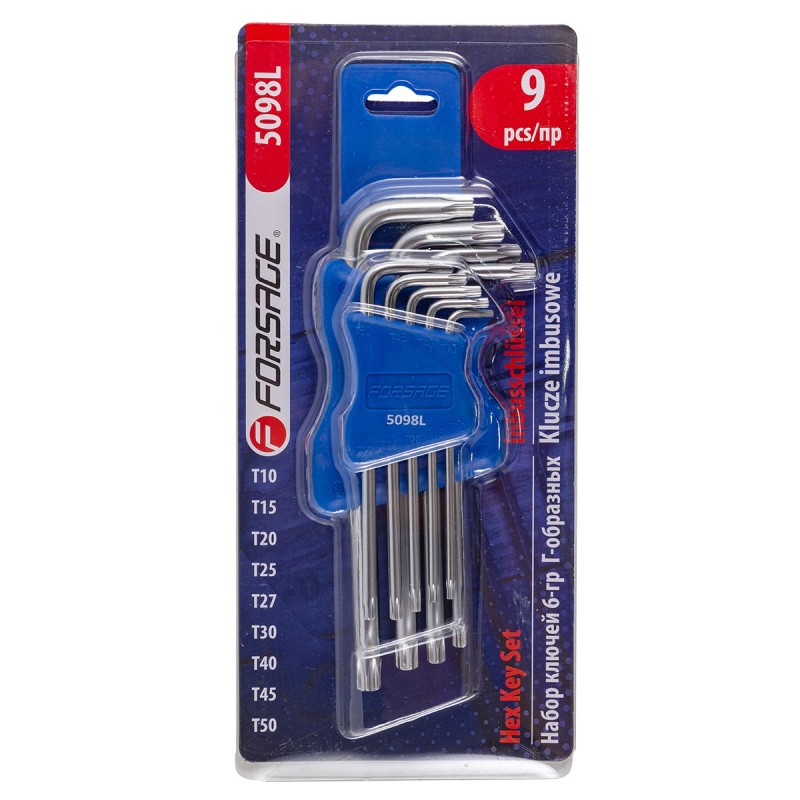 Набор ключей TORX Г-образных длинных 9 предметов (Т10, Т15, Т20, Т25, Т27, Т30, Т40, Т45, Т50)в пластиковом держателе Forsage F-5098L