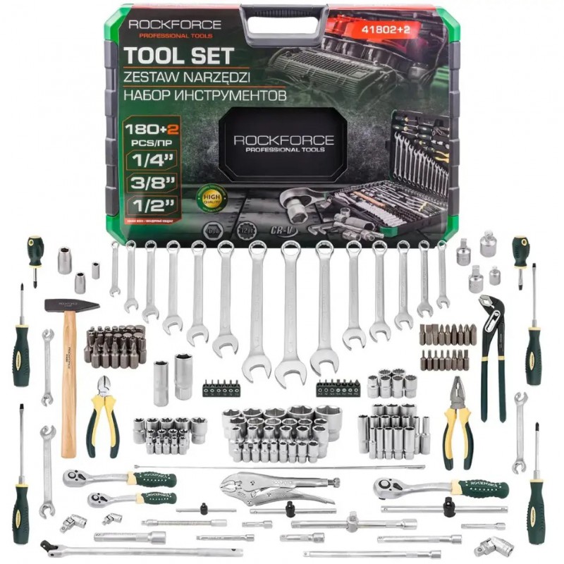 Набір інструментів 180+2ін. 1/4", 3/8", 1/2" (6гр., 12гр.) Rockforce RF-41802+2