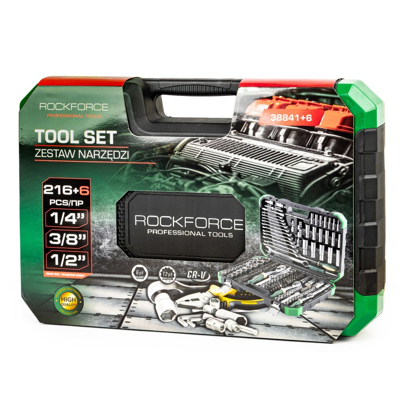 Набор инструментов 216+6пр. 1/4" 3/8" 1/2" (6гр,12гр) Rockforce RF-38841+6