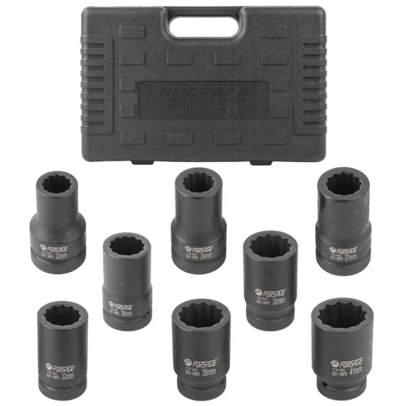 Набор головок ударных глубоких 8пр. 1" 12-гранная (22-41мм) Forsage F-8081-9MPB