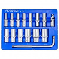 Набор головок глубоких 15пр. 6-гранные (10-32мм) + вороток 1/2'' 250мм + кардан 1/2" Forsage F-4157