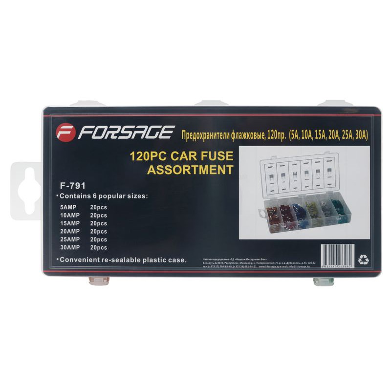 Предохранители флажковые, 120 предметов (5А, 10А, 15А, 20А, 25А, 30А) Forsage F-791