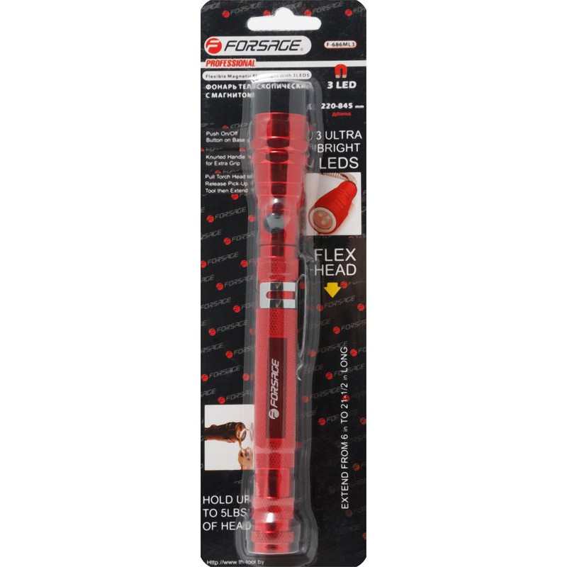 Фонарь телескопический с магнитом 3LED (L:220-845мм), в блистере Forsage F-686ML3