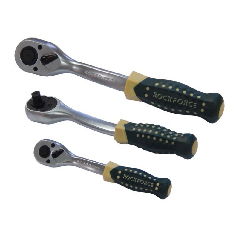 Трещотка реверсивная усиленная изогнутая с резиновой ручкой 3/8" (72зуб.) ROCKFORCE RF-802322