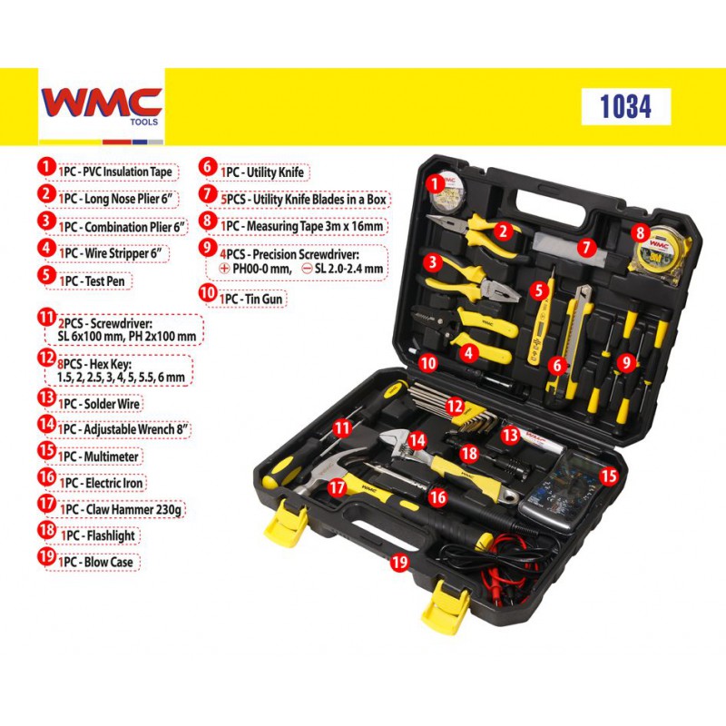 Набор инструментов 34 предмета, для электрика WMC TOOLS 1034