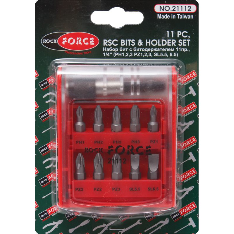 Набор бит с битодержателем 11 предметов, 1/4" (PH1,2,3 PZ1,2,3, SL5.5, 6.5) ROCKFORCE RF-21112