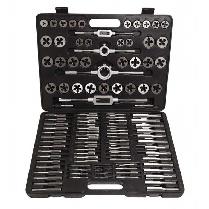 Набір мітчиків та плашок110 предметів (2х0.4,3х0.5,4х0.7,5х0.8,6х0.75-1,8х0.75-1,25,9х0.75-1.25,10х0.75-1.5,11х0.75/1/1.2 12х0.75-1.75,14х1-2,16х1-2,18х1.5) ROCKFORCE RF-B110-1