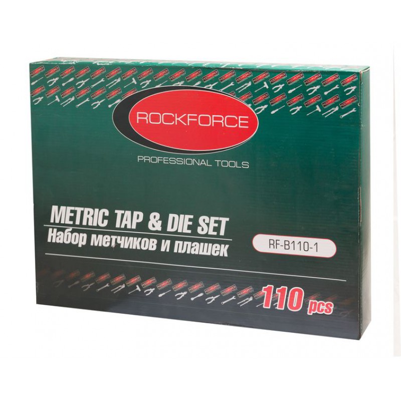 Набір мітчиків та плашок110 предметів (2х0.4,3х0.5,4х0.7,5х0.8,6х0.75-1,8х0.75-1,25,9х0.75-1.25,10х0.75-1.5,11х0.75/1/1.2 12х0.75-1.75,14х1-2,16х1-2,18х1.5) ROCKFORCE RF-B110-1